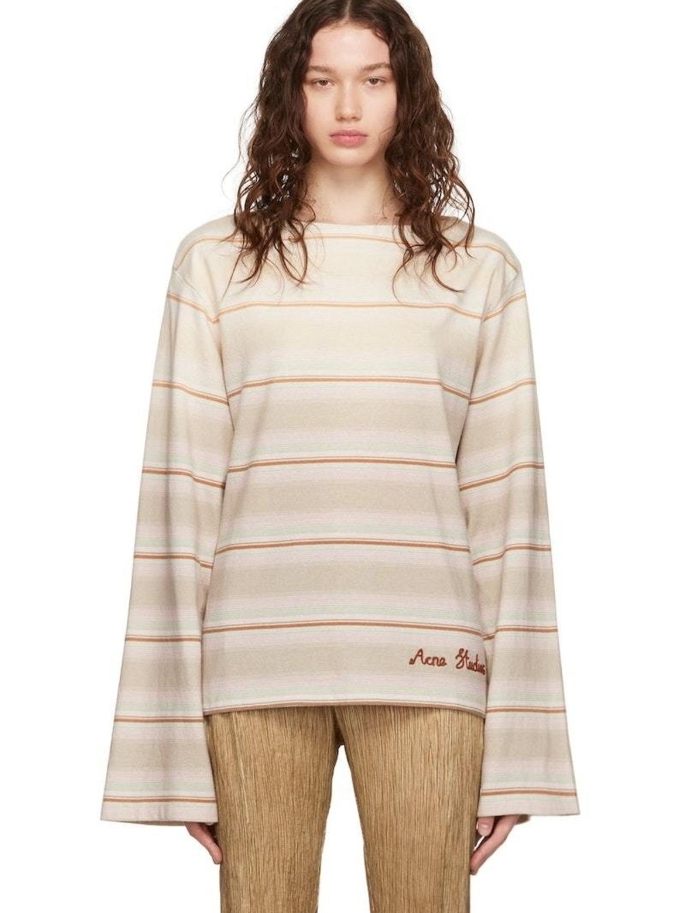 Acne Studios Cream and Tan Striped Long-Sleeve Crewneck Top